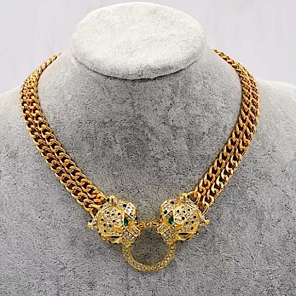 Gold Leopard Double Headed Exaggerated Statement Choker - Picture 2 of 15